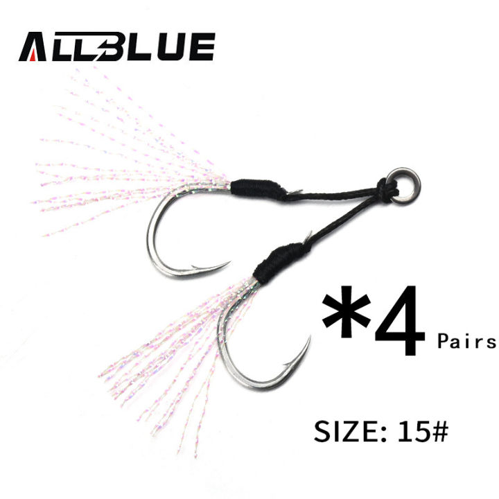 2021ALLBLUE 4pairslot Metal Jig Assist Hook With PE Line Feather Solid Ring Jigging Spoon Saltwater Fishhook for 5-80g Lure