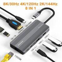8K USB C อุปกรณ์เสริมสำหรับการเชื่อมต่อกับแลบทอป8In 1 USB 3.1 RJ45 PD HDMI-Compatible 4K 120Hz 2K 144Hz ศูนย์กลางสำหรับ Macbook Lenovo พื้นผิว HP DELL