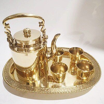ชุดน้ำชากากระบอก ถาดน้ำชาทองเหลืองรูปไข่ 12 ยื่ว รุ่นหล่อหนาดีพิเศษ ไร้รอยบัดกรี