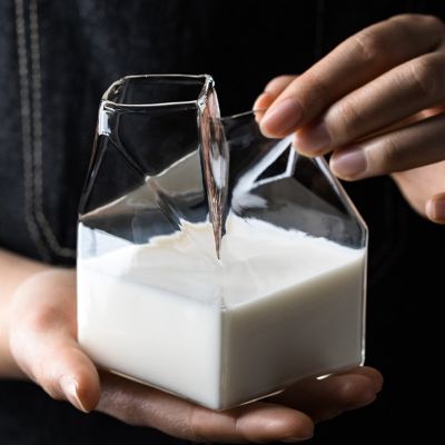 Hot Square Milk Glass Milk Box Glass Mug Milk Box Cup Half Pint Coffee Glass Juice Cup Pure Handmade Crafts Mini Creamer Jug