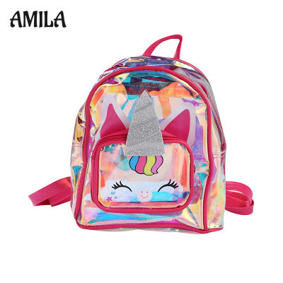 AMILA กระเป๋าโรงเรียนกระเป๋าสะพายเด็กอนุบาลสำหรับเด็กกระเป๋าเป้ PVC โปร่งใสเลเซอร์แฟชั่น