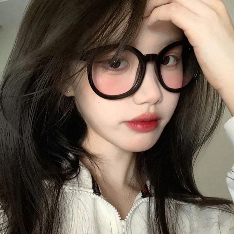 Kecerunan Blush Cermin Wanita Myopia Kaca Korea Versi Hitam Bergaya Bingkai Plain Solek Artifak Bingkai Mata Pusingan Muka Ptq