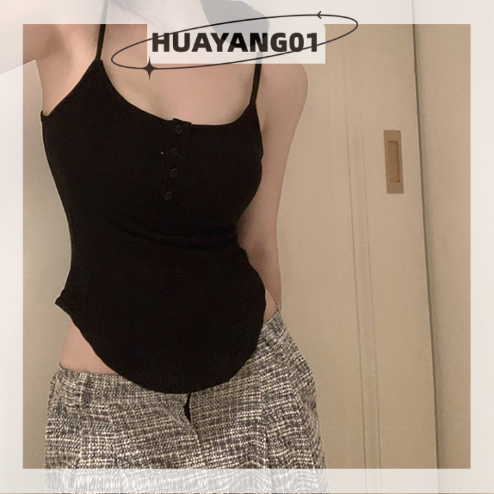 huayang01-2023แฟชั่นใหม่สุดฮอต-เสื้อสายเดี่ยวแขนกุดสำหรับผู้หญิงปุ่มสีทึบฤดูร้อนเสื้อกล้าม