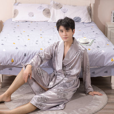 Chinese Print Kimono Robe Mens Full Sleeve Bathrobe Gown Faux Silk Home Wear Casual Turn-down Collar Sleepwear Loose Nightwear