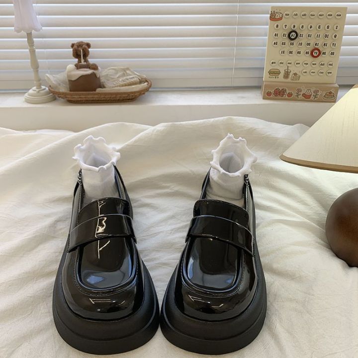 รองเท้าโลฟเฟอร์พื้นหนารองเท้าหนังส้นตึกสีดำผู้หญิง-2023-รองเท้าหัวกลมสไตล์ญี่ปุ่นย้อนยุคสำหรับฤดูใบไม้ร่วงและฤดูหนาว