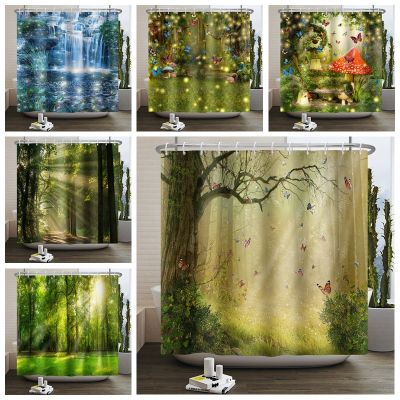 Fantasy Enchanted Forest Shower Curtain Butterfly Mushroom Waterproof Fabric Bathroom Curtains Mystery Fairy Forest Bath Screen