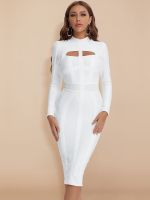 【YF】 BEAUKEY Women White Hollow Out HL Bandage Dress  Long Sleeve Bodycon Sexy Cut High Neck Party Red Black Midi Runway XL