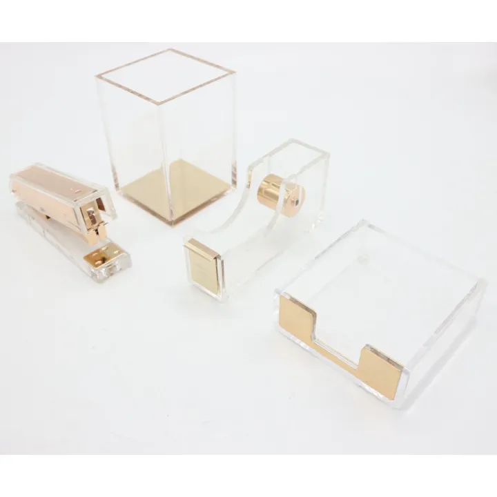 Clear Acrylic ss Gold Stationery Set Desktop Stapler Tape Dispenser Pen Holder Memo Holders