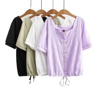 【มีไซส์ใหญ่】Plus Size Short Sleeve Summer Tops Womens Solid Color Simple Short Blouse Square Neck Vintage Top