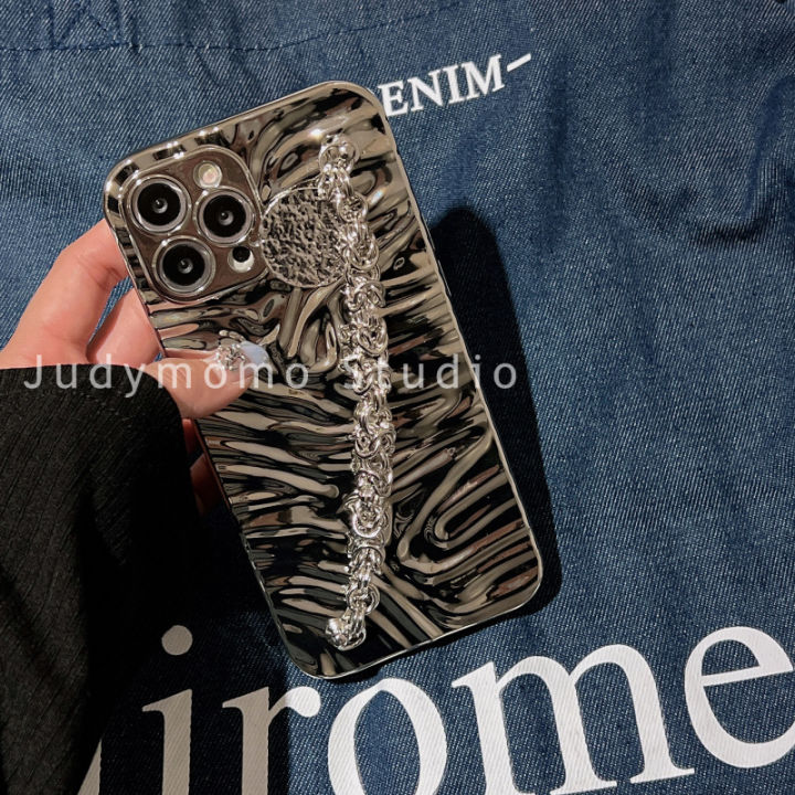 electroplated-silver-case-สำหรับ-iphone14-กรณีน้ำลูกฟูกสเตอริโอสำหรับ-iphone13promax-silver-chain-สายรัดข้อมือสำหรับ-iphone11promax