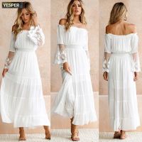 COD DSFGRDGHHHHH Women White Beach Strapless Long Sleeve Loose Sexy Off Shoulder Lace Boho Maxi Dress