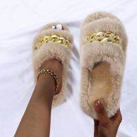 Hot sell Furry Fur Slippers Flip Flops Women Summer Faux Fox Sandals Designer Chain Plush Beach Home Flat Shoes Ytmtloy patillas Mujer