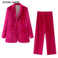 2021 Vintage One Button Rose Red Women Velour Blazer Set CHIC High Waist Straight Pants Long Sleeve Suits 2 Pieces Set Coat