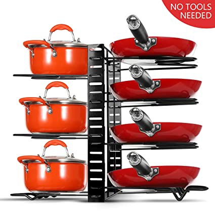 Pots and Pans Organizer with 3 DIY Methods Adjustable Size and Direction Pot Pan Holder with 8 Metal Shelves and PP Anti-slip Layer 