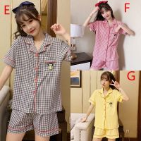 Female Comfy Silk womens Pyjamas Short Sleeve Sleepwear V-neck cartoon Pyjamas Pyjamas Set