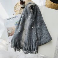 Luna amp;Dolphin Women Winter Scaves Warm Knitted White Pearl Nail Bead Soft Scarves Tassel Woolen Big Tippet Pashmina Blanket Shawl