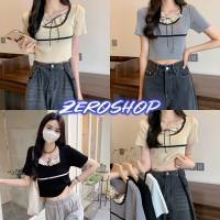 Zero shop?พร้อมส่ง? (Zero-9759) เสื้อแขนสั้นไหมพรม คอกลม ดีเทลูกไม้เก๋น่ารักๆ