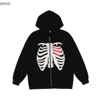 SPHO แฟชั่นโครงกระดูกพิมพ์อะนิเมะผู้ชายผู้หญิง Zipper Hoodie JACKET