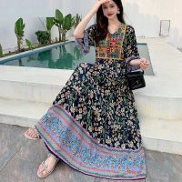 [New product in stock] Southeast Asian summer ethnic style embroidered dress cotton silk floral beach dress V-neck big swing quality assurance FJAATH