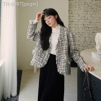 ❍∏✥ gsgw Jaqueta curta de Tweed xadrez para mulheres casaco elegante slim fit casual estilo coreano casacos vintage 2023 outono inverno 2023