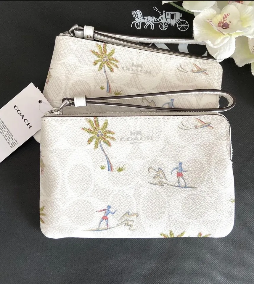 Coach Corner Zip Wristlet In Signature Canvas With Hula Print