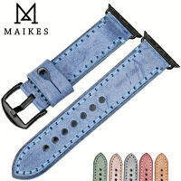 MAIKES สายหนังสีฟ้าสำหรับ Band 49มม. 45มม. 41มม. 44มม. 40มม. 42มม. 38มม. สำหรับ Series 8 7 SE 6 5 4 3สำหรับผู้ชาย