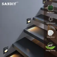 SANDIY บันไดไฟ Led Motion Sensor โคมไฟติดผนังฝังไฟในคืนสำหรับขั้นตอนบันไดห้องนอนระเบียงโคมไฟพอดีสหภาพยุโรป60มิลลิเมตรกล่อง