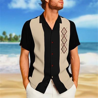 เสื้อฮาวายคอเต่าของผู้ชายเสื้อยืดเดินชายหาดแบบ3มิติ Kemeja Hitam แขนสั้นพิมพ์ลายลำลองใหม่