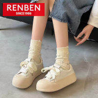 RENBEN รองเท้าหัวกลมแฟชั่นของผู้หญิงรองเท้าแผ่นลำลองสีขาวสำหรับนักเรียนอเนกประสงค์แบบย้อนยุค