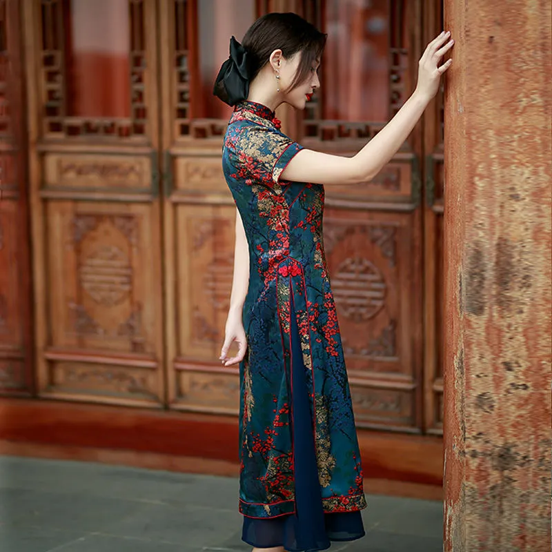 Red Vietnam Ao dai Women Dress Summer Cheongsam Suit Include Pants