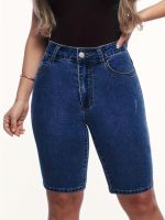 xixibeauty Dark Blue High Waist Denim Shorts, Slim Fit Slash Pockets High Rise Short Denim Pants, Womens Denim Jeans &amp; Clothing