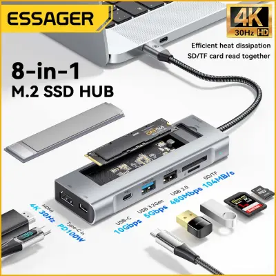 Essager ฮับ USB3.0 8-In-1พร้อมฟังก์ชันจัดเก็บดิสก์ USB Type-C ไปยัง HDMI 4K ที่รองรับแท่นวางคอมพิวเตอร์สเตชั่นสำหรับ M2แมคบุ๊กโปรแอร์