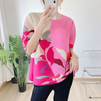 Womens New Fashion Pleated T-shirt Temperament Slim Round Neck Printed Pleated Top