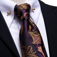 【Fashion house]สีม่วงทอง Paisley ผ้าไหมงานแต่งงาน Tie สำหรับผู้ชาย Handky Cufflink ผู้ชายเนคไท Collar Pin Business Party Dropship Hi Tie Designer