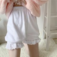 Pink White Winter Cute Lolita Girls Warm Velvet JK Shorts Sweet High Waist Lace Plush Shorts Women Summer Kawaii Bloomers Shorts