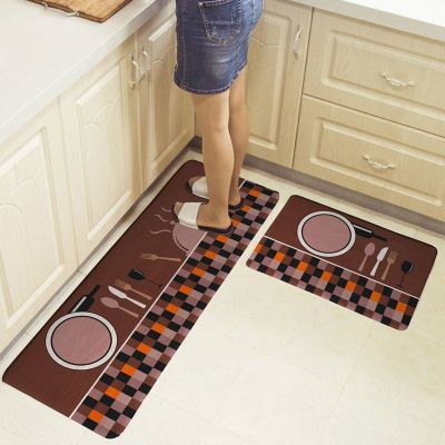 2 Pack Cutlery Tool Print Pattern Kitchen Carpet Floor Mat Oil and Water Absorption Non-Slip Foot Pad