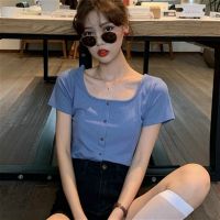 Cropped T shirt Women Slim Solid Summer Fashion Button Retro Friend Daily Tops All match Simple Korean Style Ins Chic Soft Basic