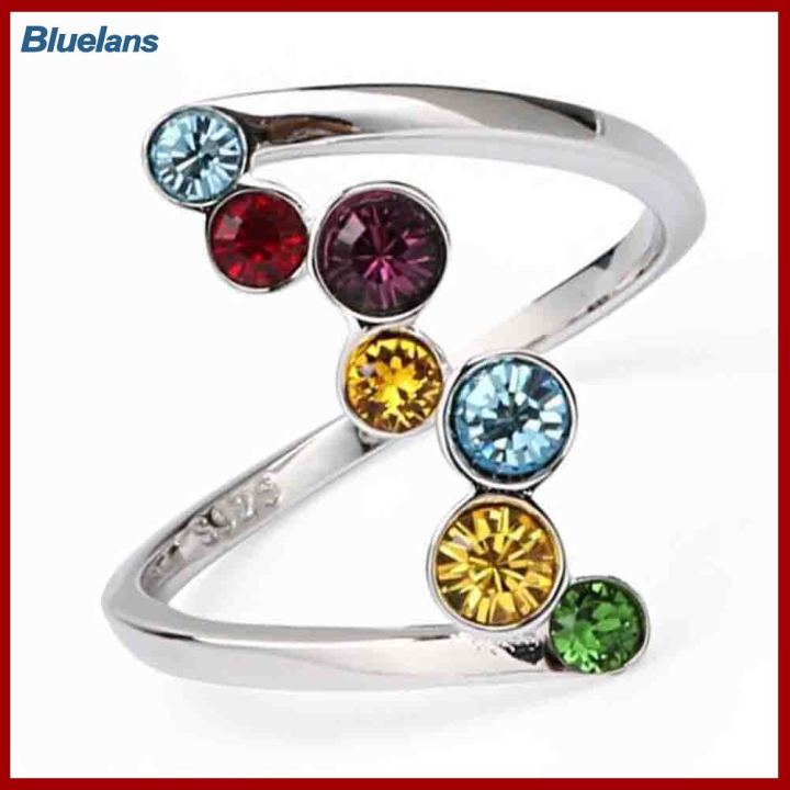 Bluelans®ของขวัญเครื่องประดับแหวนนิ้วมืองานปาร์ตี้แบบฝังพลอยเทียมหลากสีแวววาวของผู้หญิงแฟชั่น