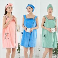 hotx 【cw】 Soft Coral Fleece Wearable Adult Suspender Skirt Headband Hair Dryer Shower Cap