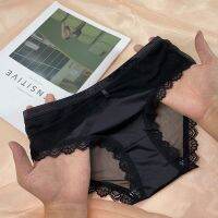 กางเกงใน Gorgeous ice silk satin girl underwear breathable non-marking antibacterial crotch cotton three-legged trousers