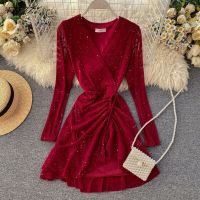 HOT!☌ lmx529 New Women Trumpet Dress Spring Autumn Slim Long Sleeve Sexy V Neck Mini Dresses Ladies Elegant Sequins Party Dress Robe Vestidos