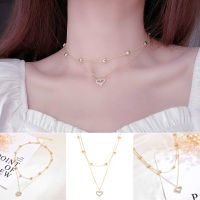 14K Gold Double Layerสร้อยคอZirconผู้หญิงโซ่ไหปลาร้างานแต่งงานจี้รูปหัวใจ