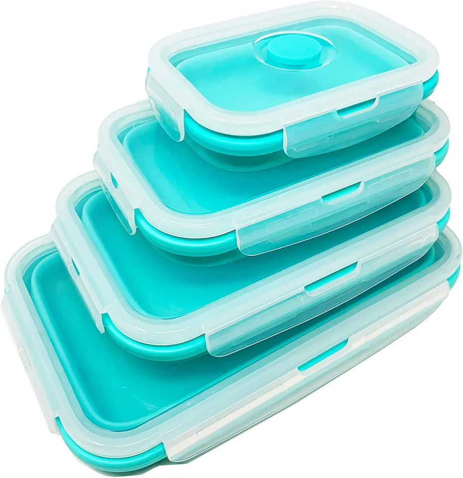 Set of 4 Collapsible Foldable Silicone Food Storage Container With BPA  Free, Leftover Meal Box With Airtight Plastic Lids For Kitchen (Blue)