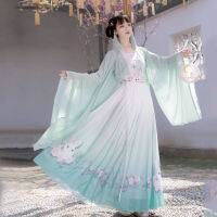 Hanfu สไตล์โบราณกระโปรงสไตล์จีนดั้งเดิมเสื้อความยาวเท่าเอวแขนใหญ่ทั้งชุดนักเรียนหญิง