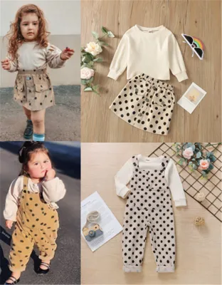 Baby Girls Clothes Set Solid Pullover Tops Polka Dot Overalls Bib Pants Skirt 1-5T Toddler Kids Spring Fall Casual Cotton Outfit