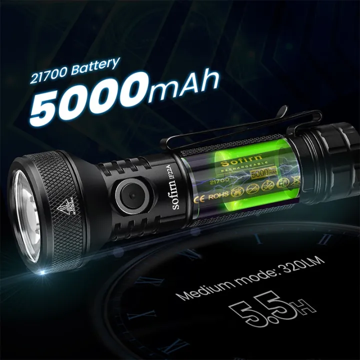 Sofirn IF22A 3A Rechargeable 2100 Lumen Powerful Flashlight Luminus ...