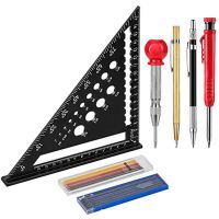 Carpenters Square, Multifunctional 180mm Carpenter Angle Ruler - Including Deep Hole Marker/Pencil Refills/Center Punch