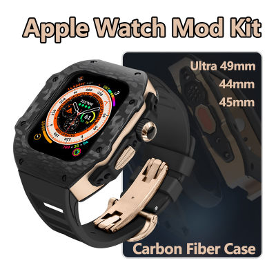 ชุดดัดแปลงหรูหราสำหรับ Apple Watch Ultra 49มม. คาร์บอนไฟเบอร์สำหรับ I Watch 8 7 6 5 4 SE 45มม. 44มม. ยางฟลูออรีน (ไม่รวมนาฬิกา)