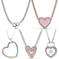 Freehand Rainbow Heart Lock Your Promise Studded Chain Necklace 925 Sterling Silver Necklace For Europe Bead Charm DIY Jewelry