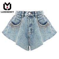 【CC】 LUXE amp;ENVY Shaped Ruffle Wide Leg Denim Shorts Hot Pants Skirt 2023